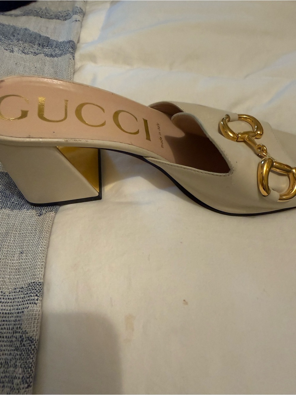 Gucci Cream Leather Horsebit Block Heel Mule